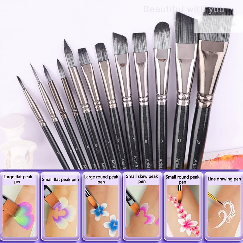 12Pcs Wooden Poles Nylon Hair Face Painting Body Painting Brushes Oil Painting Acrylic Watercolor Painting Pen Set