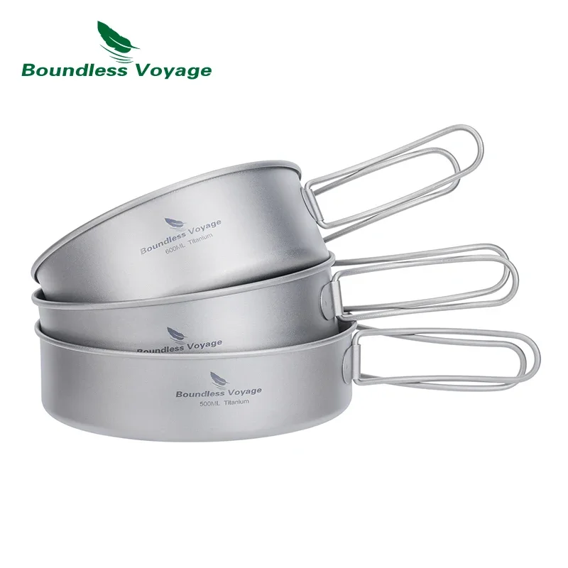 Boundless Voyage Titanium Pot Pan Cooking Set Folding Handles Outdoor Camping Picnic Tableware Bowl Plate Cookware Kit
