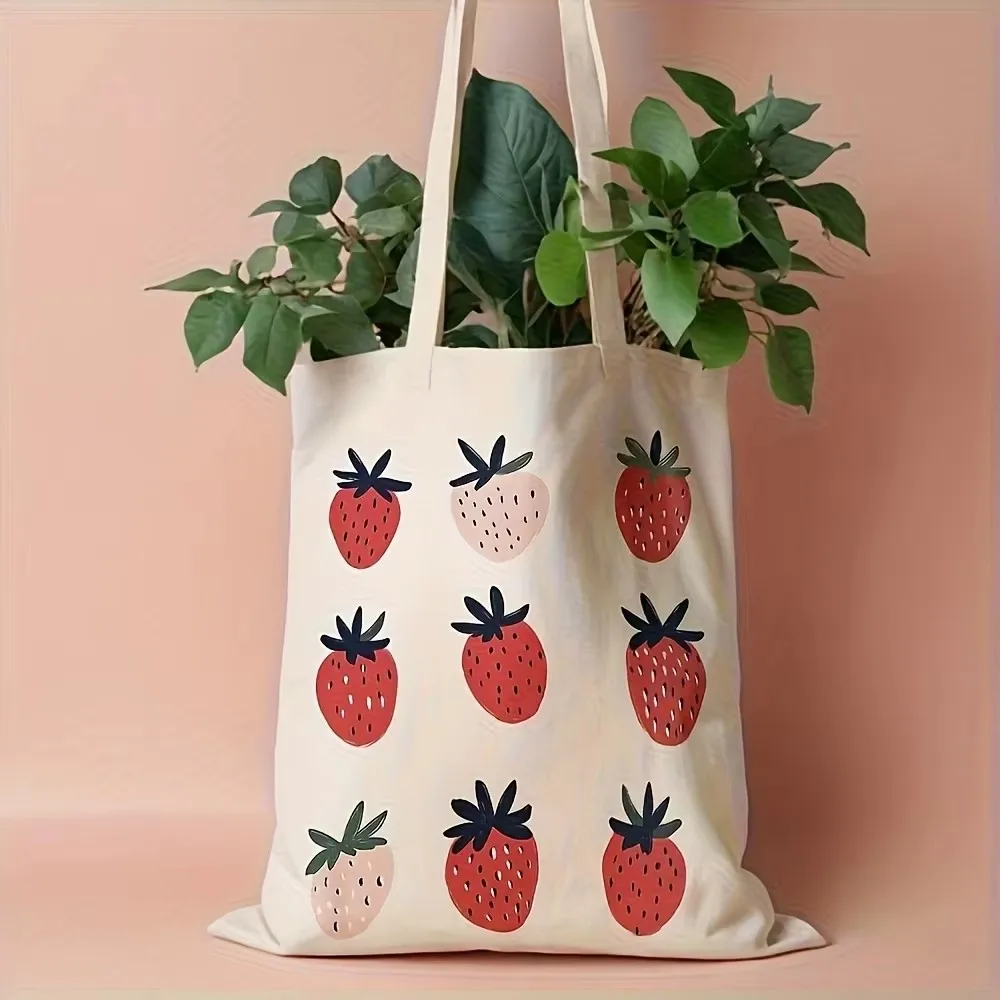 Portable Strawberry-Printed Reusable Polyester Shoulder Bag