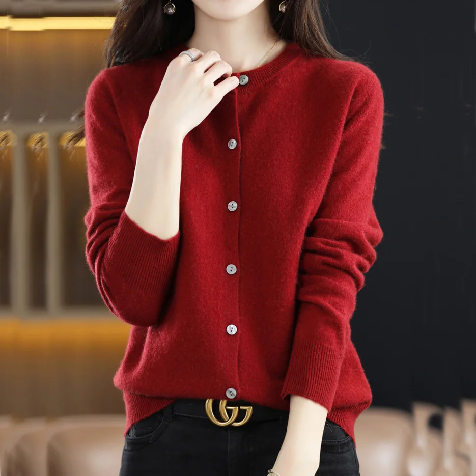 Women Sweater Cardigans Autumn Soft Single Buttons O-neck Open Stitch Solid Basics Fine yarn Outwear knitted Coat