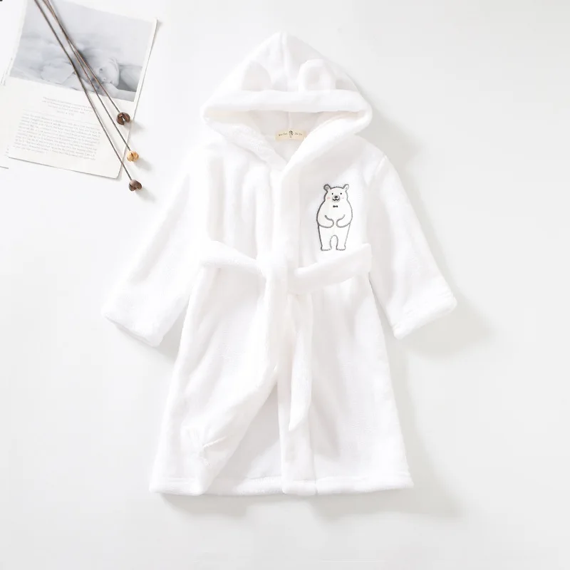 Kids Hooded Flannel Bathrobe Baby Bath Bear printed Robes Boy Girls Cute Cartoon Soft Warm Pajamas Long Sleeve Towel Robe