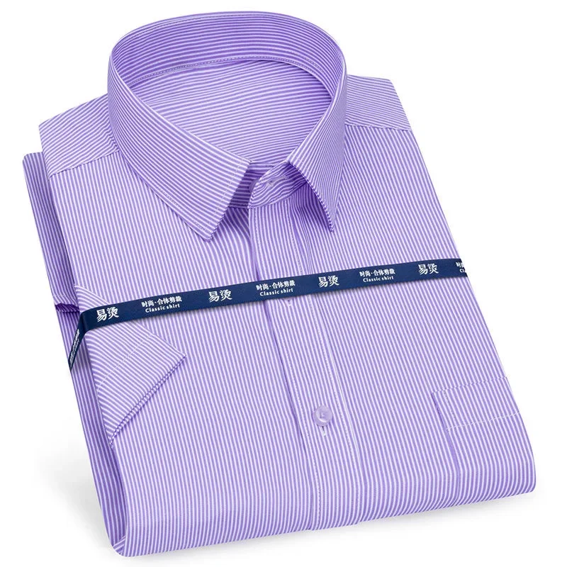 Mens Short Sleeve Shirt Business Casual Classic Plaid Striped Checked Male Social Dress Shirts Purple Blue Beach Quality Shirts dress shirts men casual shirts