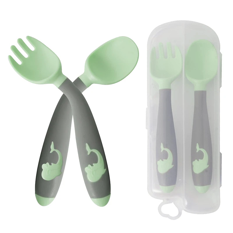 Juego de utensilios de silicona para bebé, cucharas de alimentación de entrenamiento para niños, tenedor suave y flexible, vajilla infantil