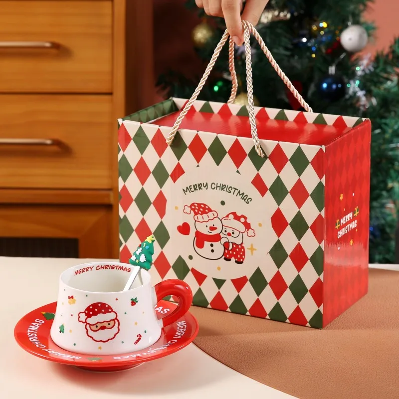 New Christmas Ceramic Coffee Cup and Dish Set, Household Ceramic Water Cup, Makeup Cup, Gift Box, Christmas Gift lijiao