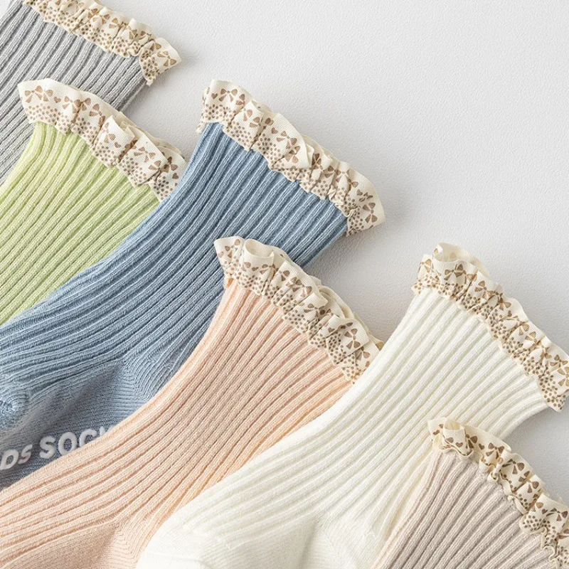Children Cute Princess Ruffle Lace Calf Sock for Toddler Girls Sweet Floral Newborn Non-slip Floor Cotton Socks Baby Clothing