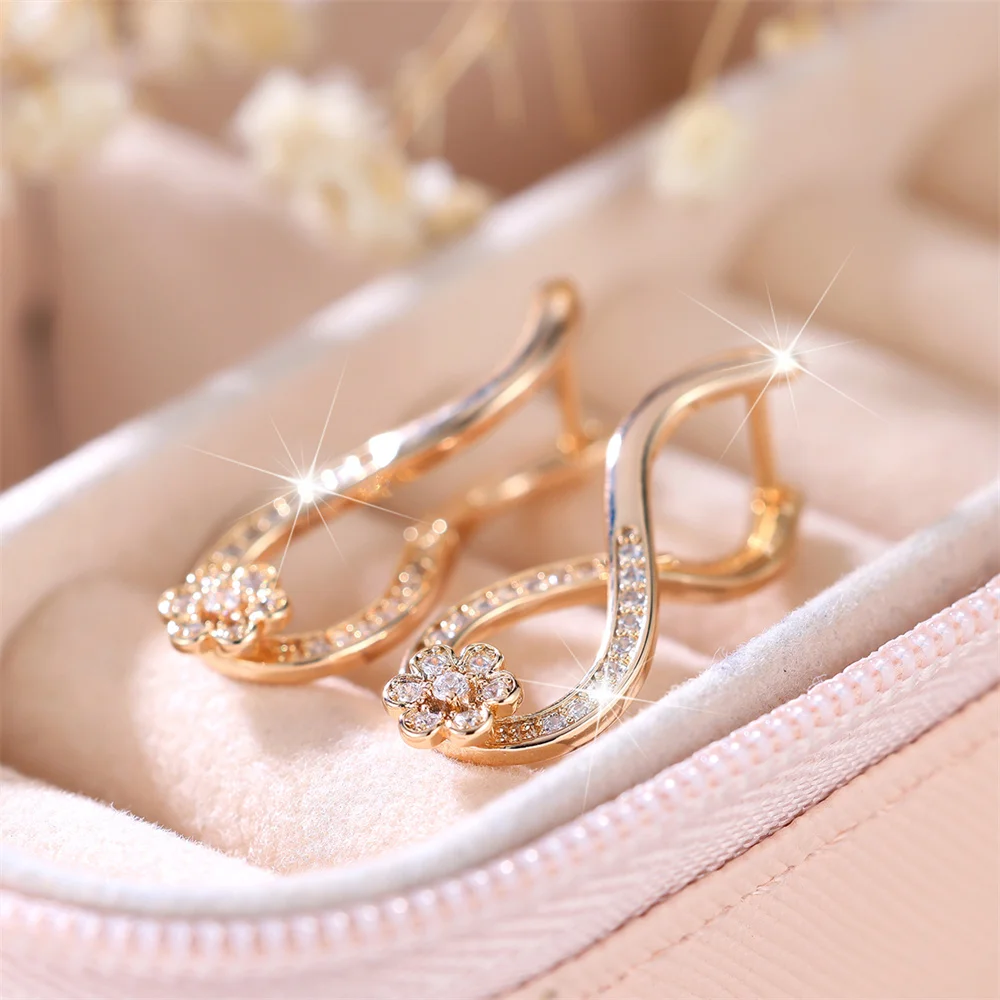 White Zircon Cute Flower Infinity Hoop Earrings For Women Vintage Gold Color Ear Buckle Wedding Jewelry Engagement Party Gifts