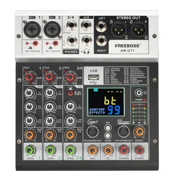 FREEBOSS 믹싱 콘솔, 블루투스 사운드 오디오, DJ 믹서, USB PC 레코드 재생, 가라오케 홈 파티 AM-UT1, 99 효과, 48V, 4 채널