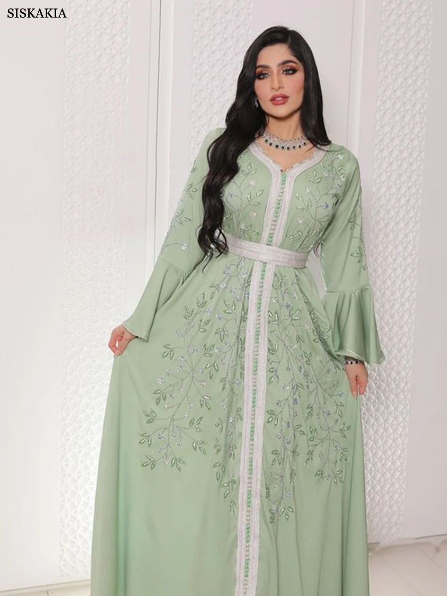 

Siskakia Dubai Fashion Belted Long Dresses Beading Elegant Mulsim Women Eid Clothing Galabia Moroccan Saudi Kaftan Islam Abayas