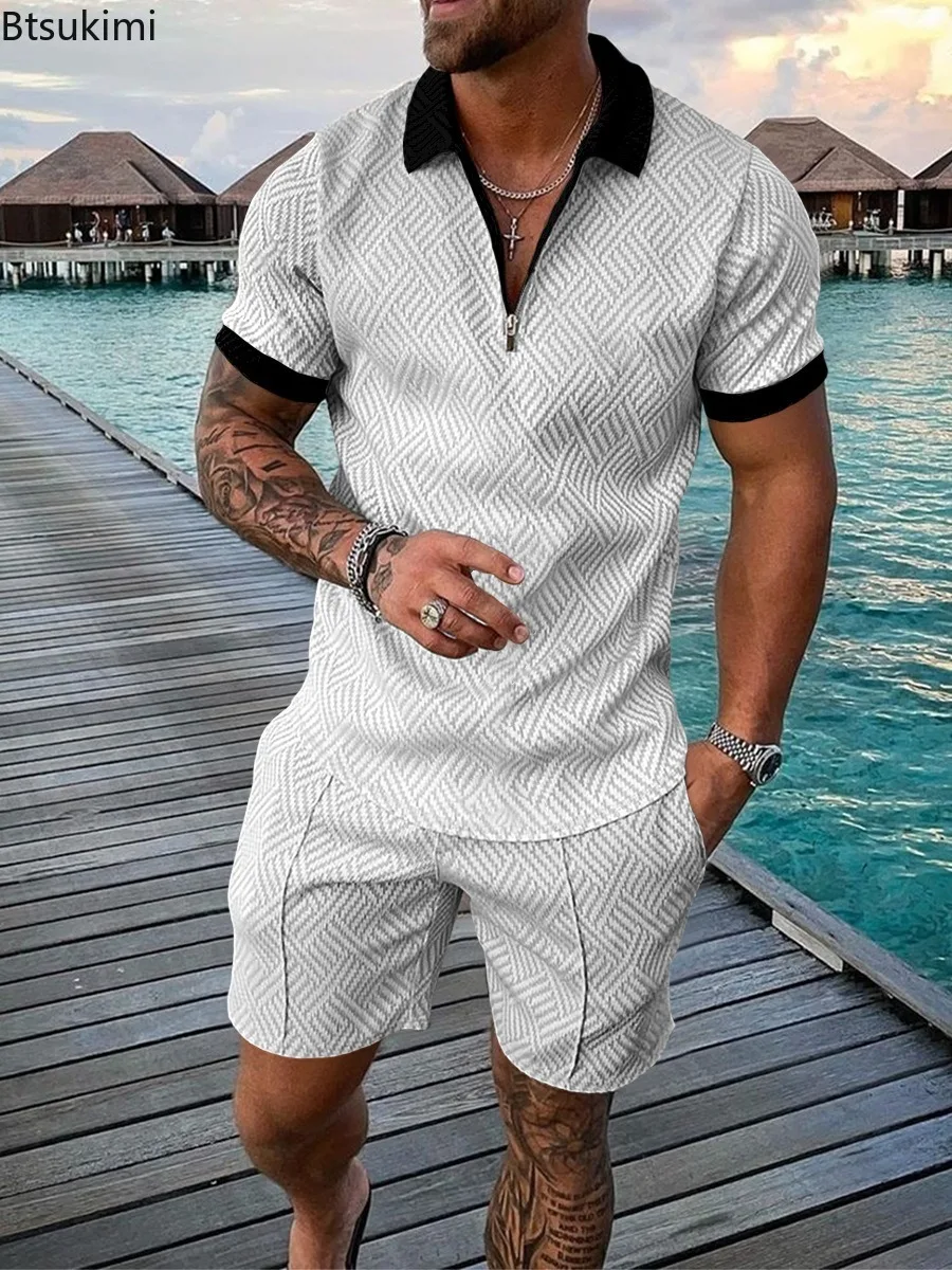 New 2024 Men's Polo Suit Fashion Men Sets Solid Summer V-neck Zipper Short Sleeve POLO Shirt+Shorts Two Pieces Men Casual Suit images - 6
