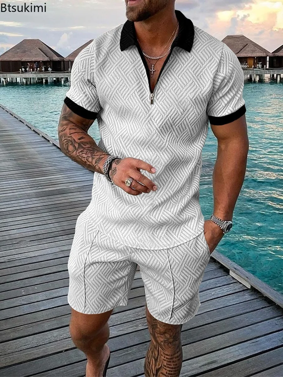 New 2024 Men's Polo Suit Fashion Men Sets Solid Summer V-neck Zipper Short Sleeve POLO Shirt+Shorts Two Pieces Men Casual Suit