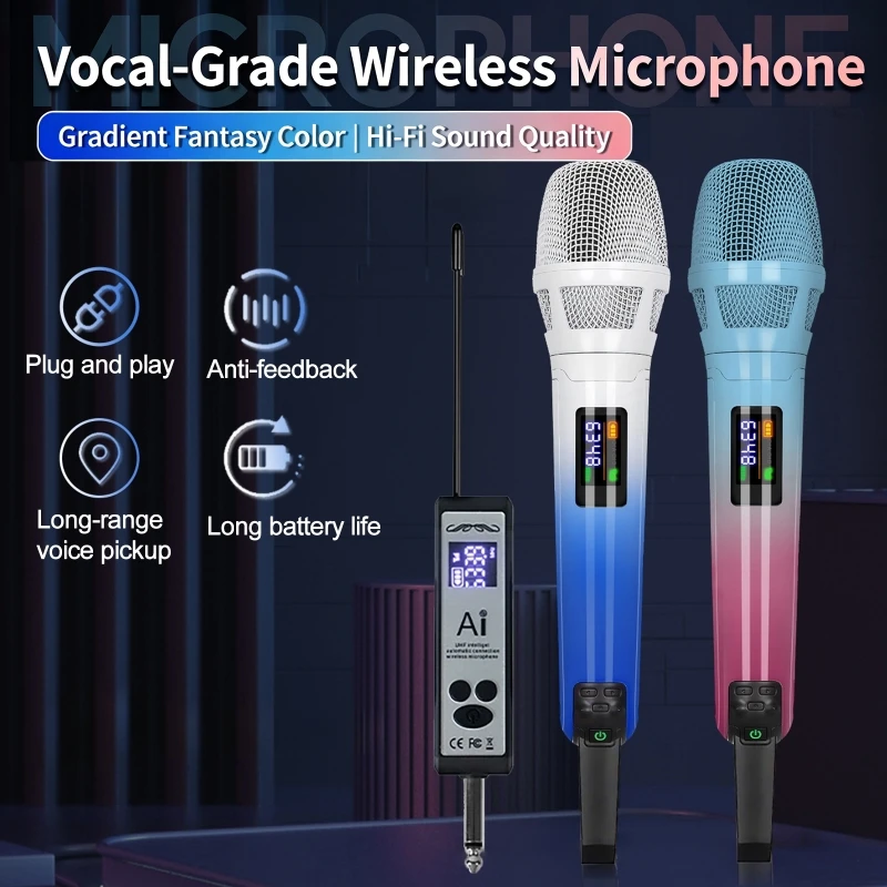 Microfono Wireless Professionale con Ricevitore, Microfono Dinamico con Cancellazione del Rumore per Casa, KTV, Palco, Streaming Live, Scheda Audio