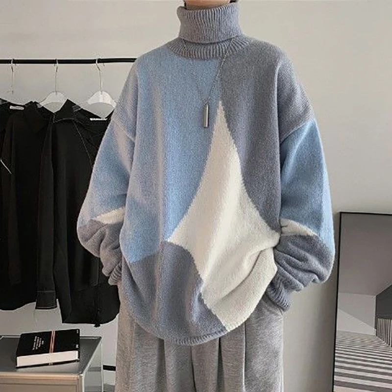 

Winter Turtleneck Sweater Men Long Sleeve Spliced Hit Color Thickened Keep Warm Fashion Harajuku Oversized Pullover Clothing Top