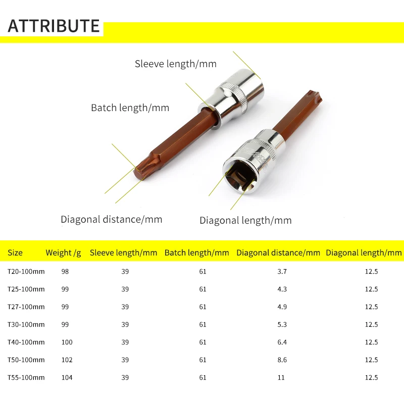 1/2 Torx Bit Socket 1Pcs S2 Star Bits Adapter for Torque Spanner Ratchet Socket Wrench T20 T25 T27 T30 T40 T50 T55 2