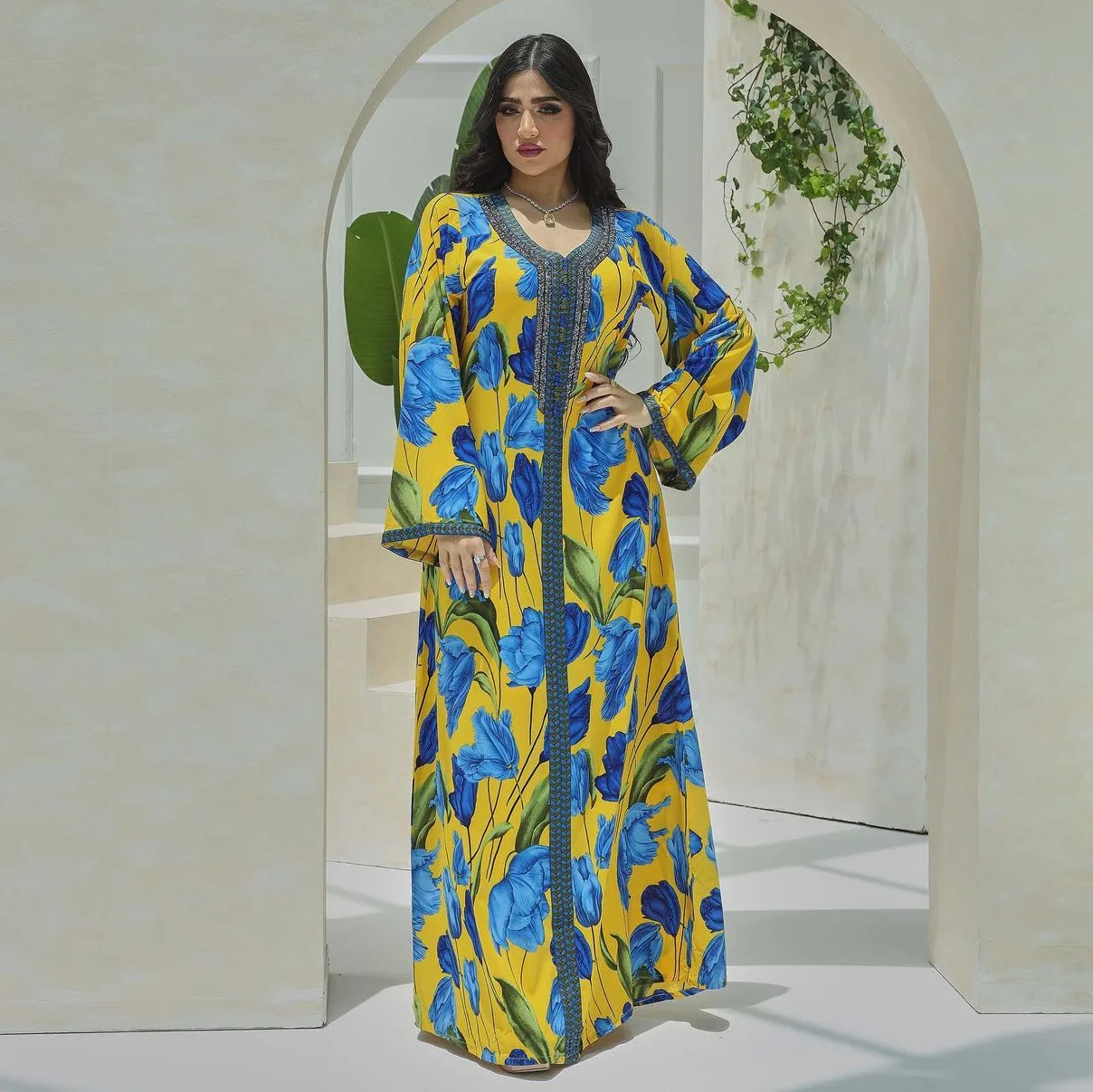 

Eid Printing Muslim Handmade Rhinestone Abaya Jellabiya Women Loose Clothes Robe Gown Party Dresses Dubai Arab Turkey Ramadan