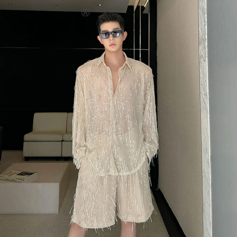 

NOYMEI нишевой дизайн кисточки мужские два набора сексуальная прозрачная рубашка с длинным рукавом для ночного клуба прямые шорты WA4171