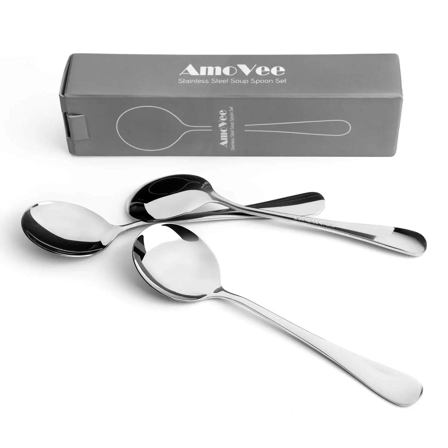 Stainless Steel Soup Spoons Set of 8, Alpha Round Spoons for Soup, Cereal, and More-Durable & Dishwasher Safe