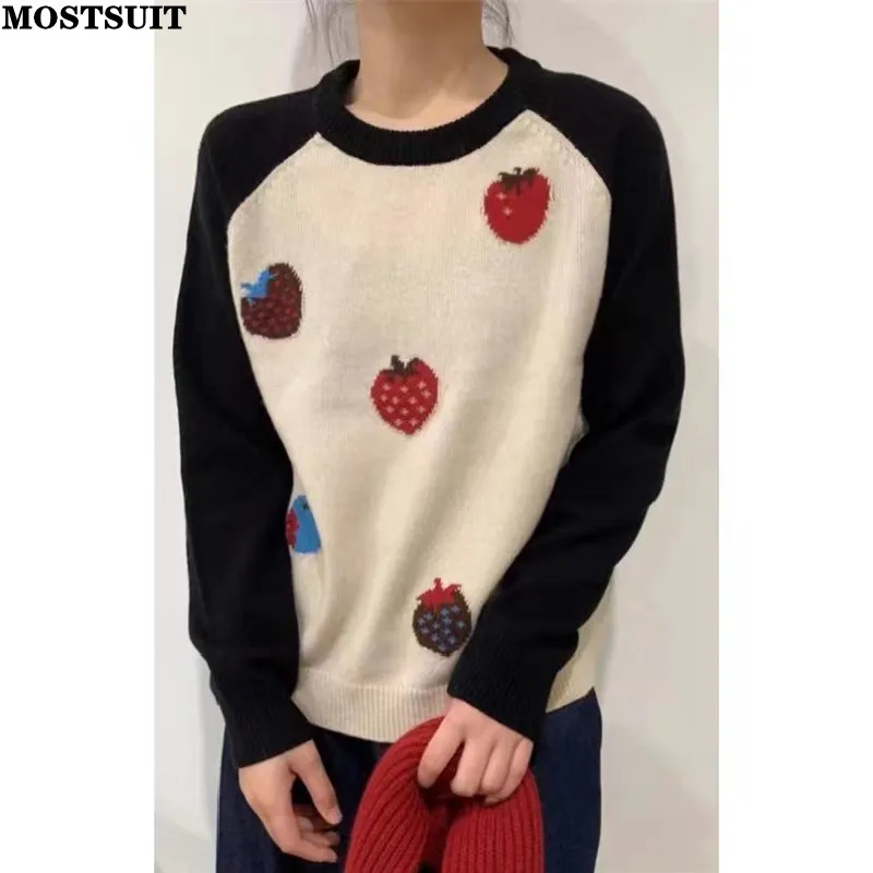 

Strawberry Jacquard Knit Sweater Pullover Women Casual Fashion Loose Knitwear Tops 2024 Spring Long Sleeve O-neck Ladies Jumpers