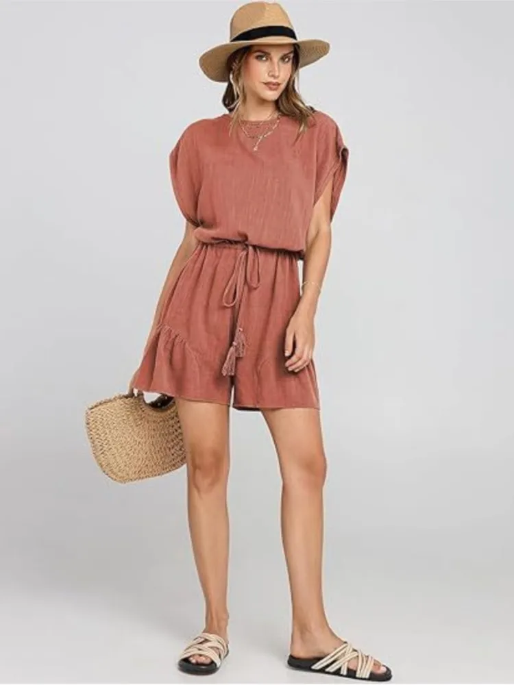 Women's Solid Jumpsuit Casual Loose Tassel Lace-up Waist Rompers 2024 Summer Beach Holiday O-neck Short-sleeve Jumpsuits Woman