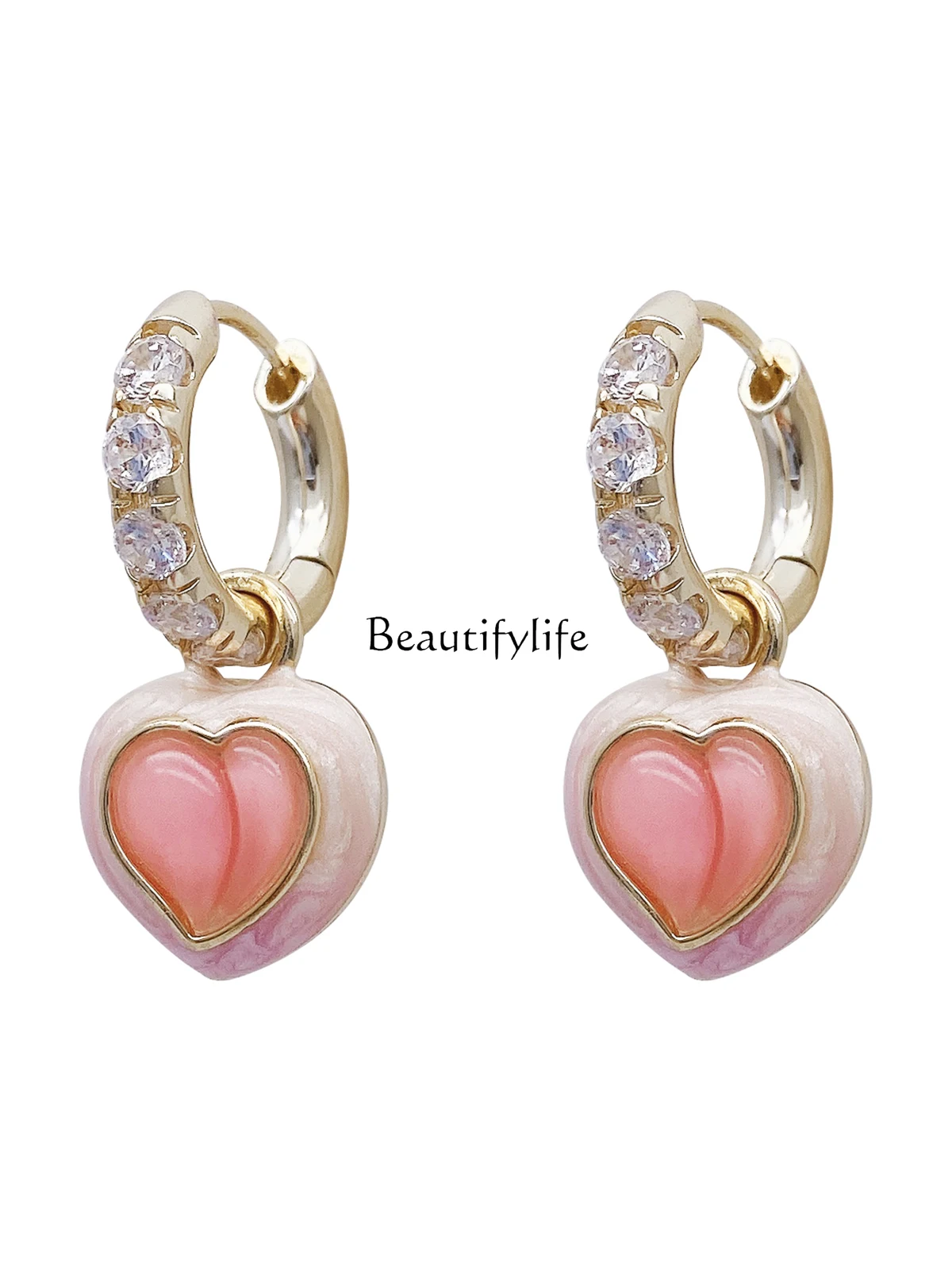 

Sweet Pink Peach Earrings Gentle Sweet Loving Heart Light Luxury High-End Earrings