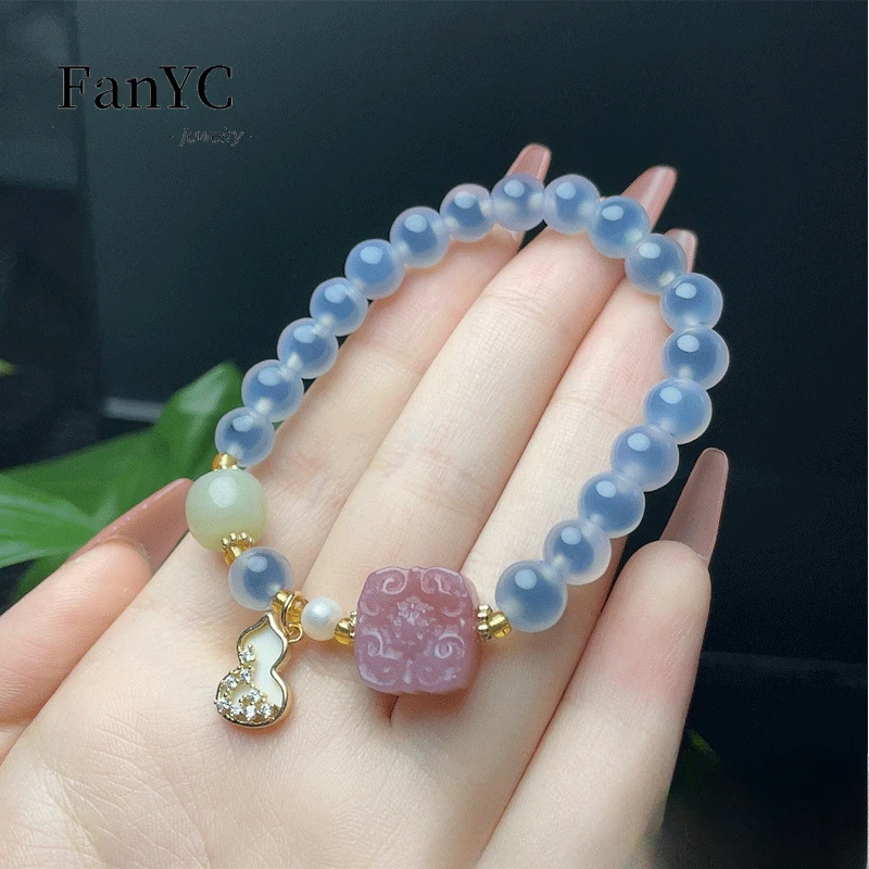 천연 스위트 하트 마노 팔찌, 블루 크리스탈 비즈 국가 스타일, 남녀공용 럭셔리 매력 옥 쥬얼리, 명절 선물
