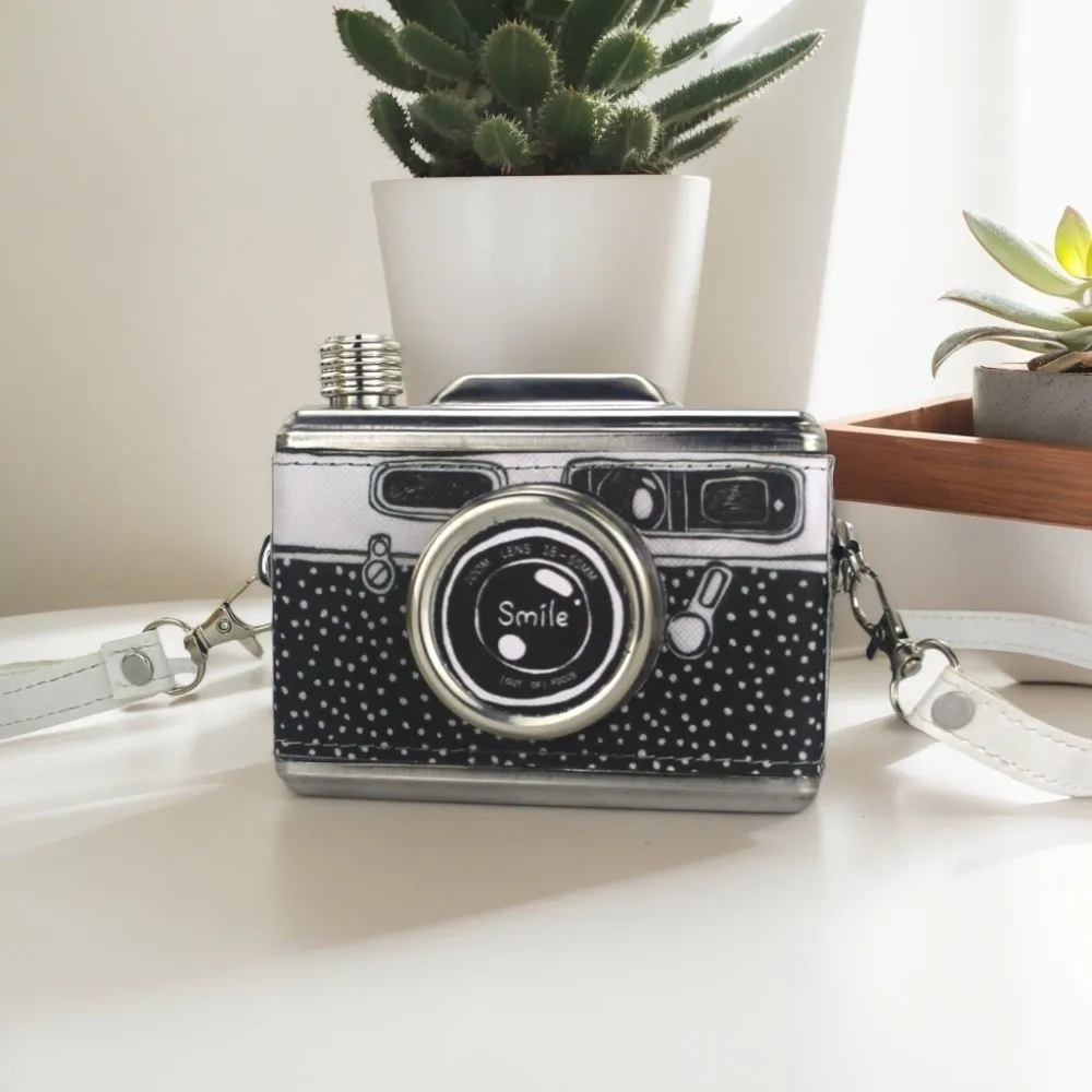 스테인리스 스틸 카메라 모양 힙 플라스크, 탈부착 가능한 스트랩, 위스키 용기, 11온스(325ml), 새지 않는 위스키 플라스크