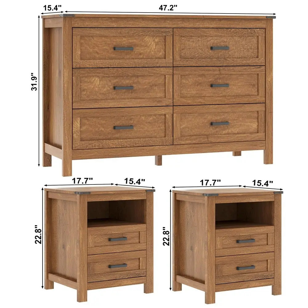 3-Piece Farmhouse Bedroom Set – 6-Drawer Dresser & Nightstands 2