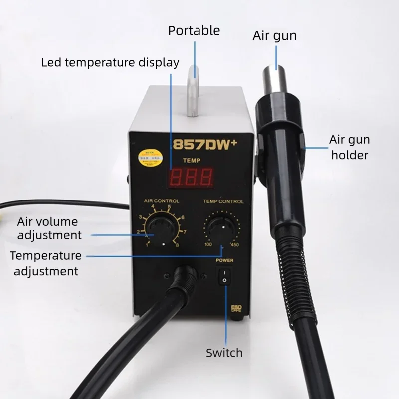 JH 857DW+ 850W Adjustable Hot Air Gun Soldering Station Helical Wind Air Gun wit