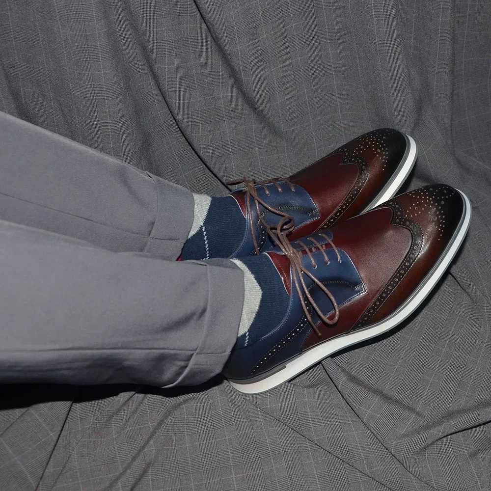 Men Derby Dress Shoes Genuine Leather Mixed Colors Lace-up Wingtip Brogue Fashion Sneakers Oxfords
