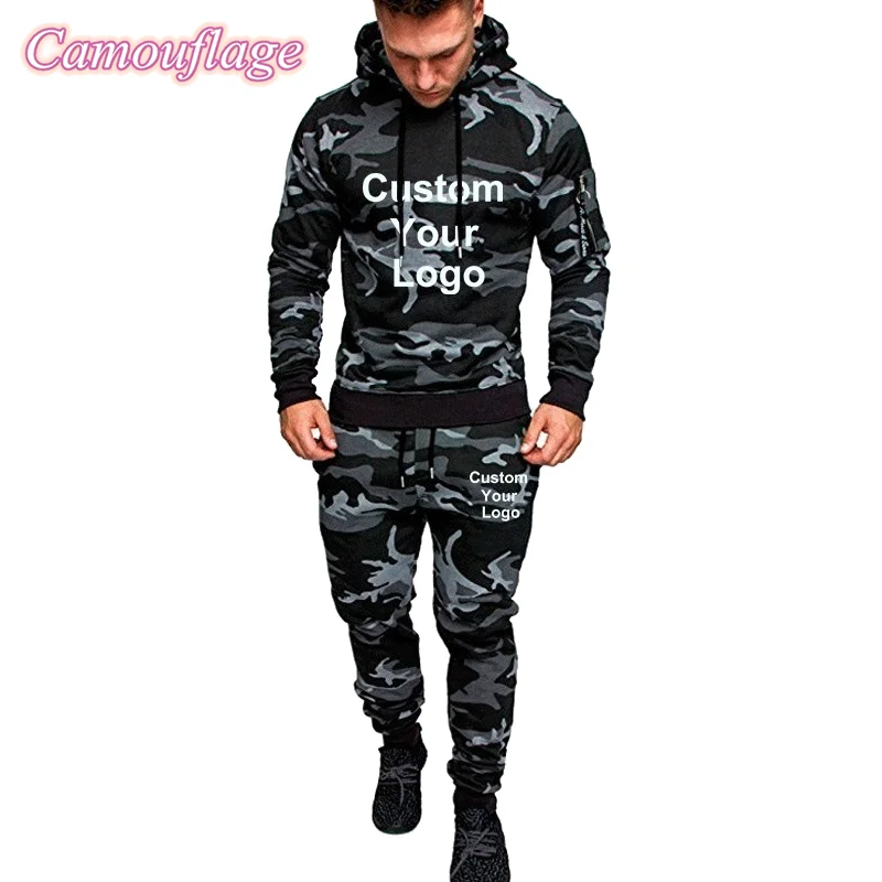 Autumn Men Custom Your Logo Tracksuit Sport Set Camo Printed Hoodies Coat + Pants Sportwear Suit Outdoor Running Jogging Sets 4