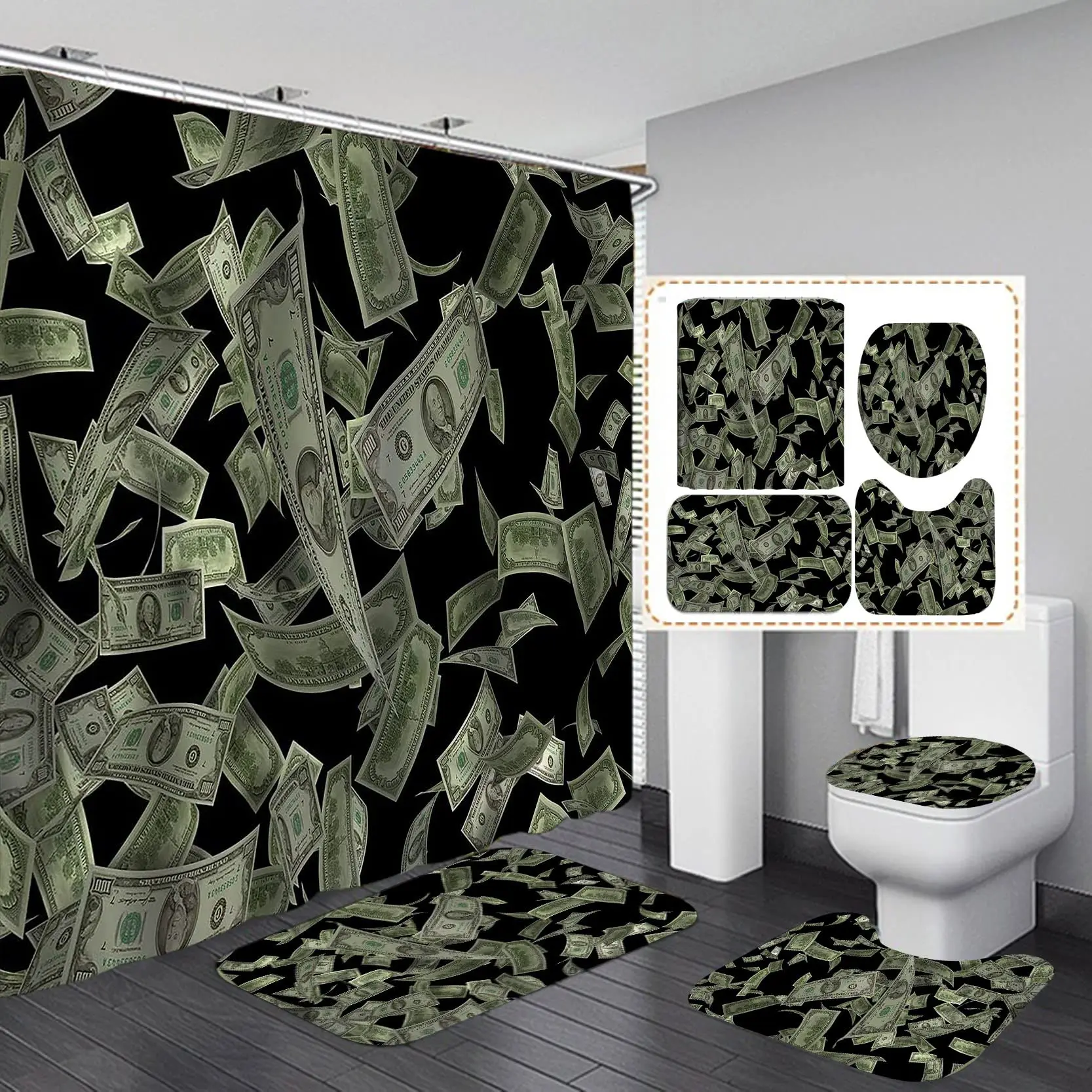 

Money Shower Curtain Set Hundred US Dollar Bills Cash Benjamin Franklin Profile Luxury Modern Bath Rugs Toilet Mats