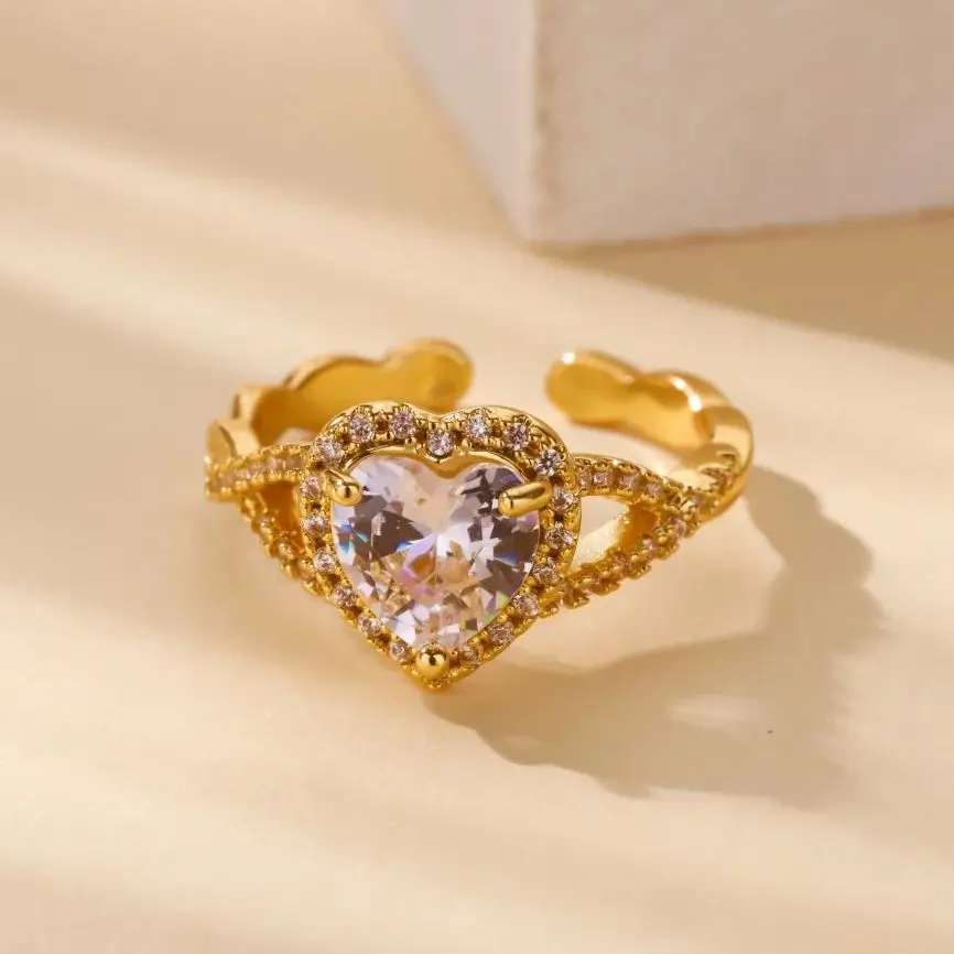 Zircon Heart Rings Gold Color Stainless Steel Adjustable Finger Ring