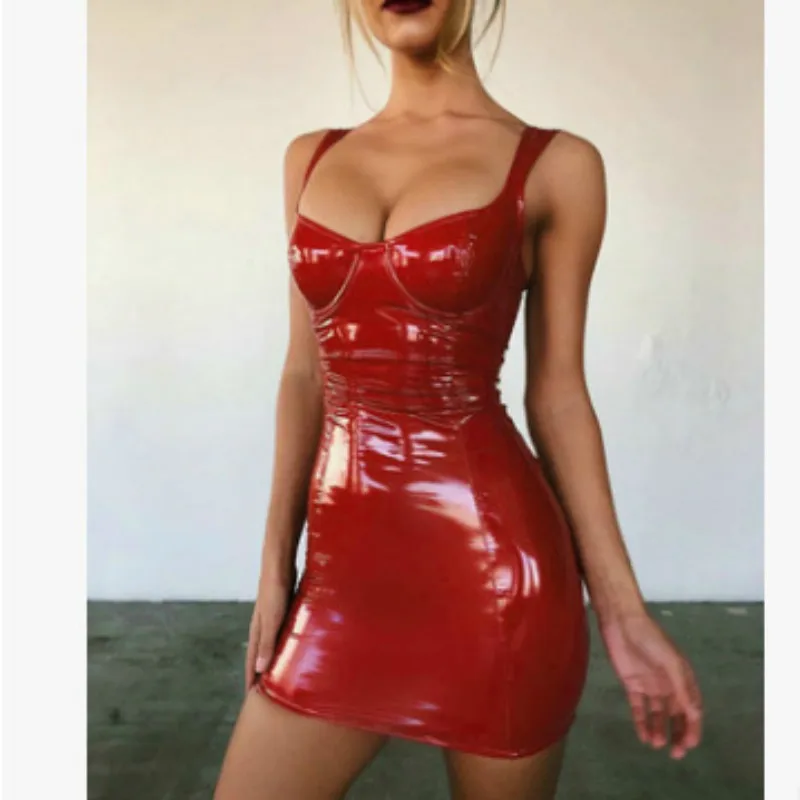

Women Faux PU Leather Summer Dress PU Leather Dress High Elasticity Sheath Dress Spaghetti Strap Faux Leather Mini Dress