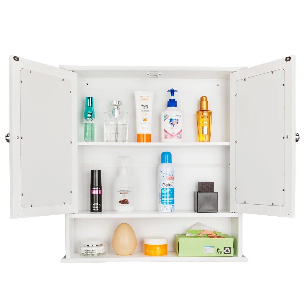 Double Door Mirror Indoor Bathroom Wall Mounted Cabinet Shelf White 6