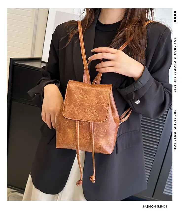 Neuer künstlerischer brauner Mini-Rucksack mit Kordelzug, vielseitige Retro-Einzelschultertasche für Damen – Detail 1