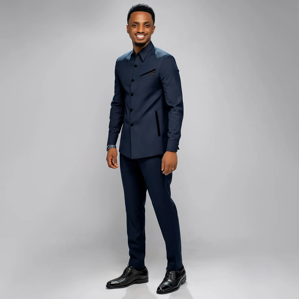 Safari Men's Suits Slim Fit Back Vent Blazer Fashion Single Breasted Stand Lapel Outfits High Quality 2 Piece Jacket Pants Sets