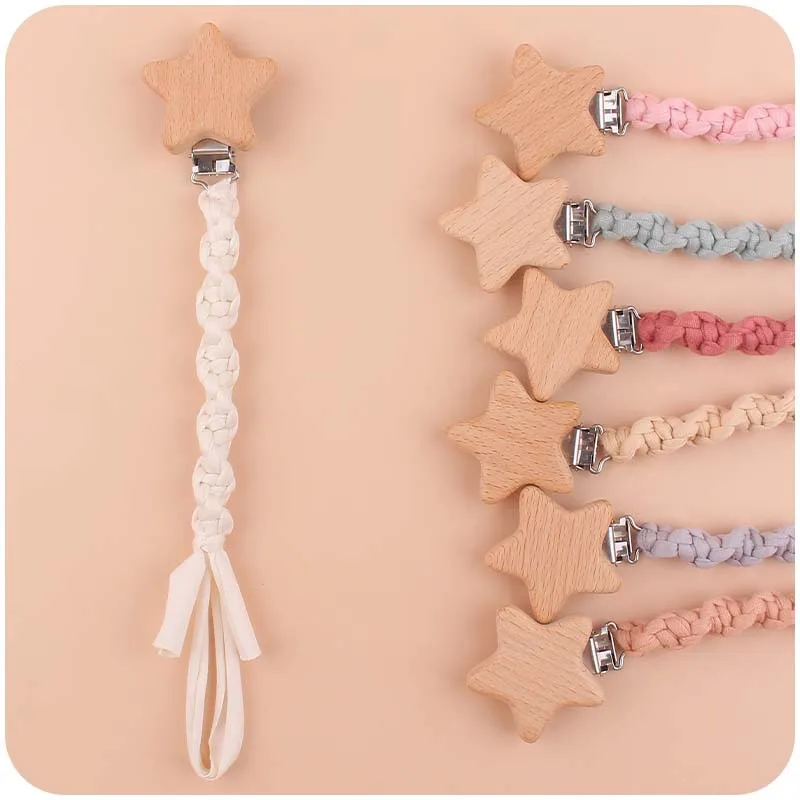 Baby Beech Wood Pentagram Pacifier Clip Handmade Woven Cotton Soother Nipple Chain For Baby Nursing Teether Chewing Toys Gift 3