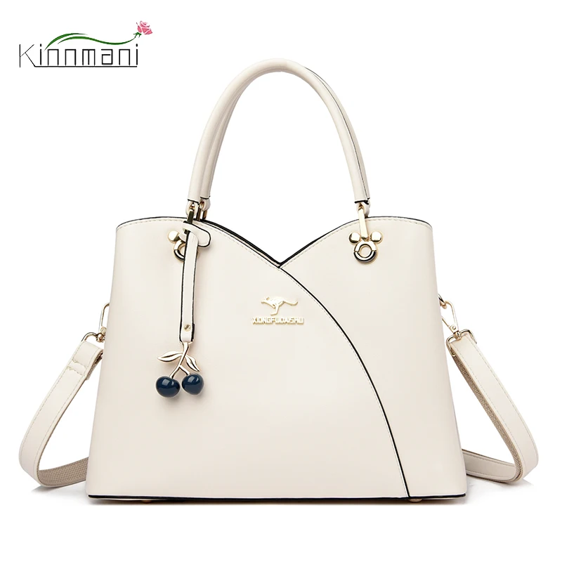 

Designer Style Women Leather Bag White Ladies Handbag Summer Cherry Pendant Shoulder Bags for Women Large Capacity Messenger Bag