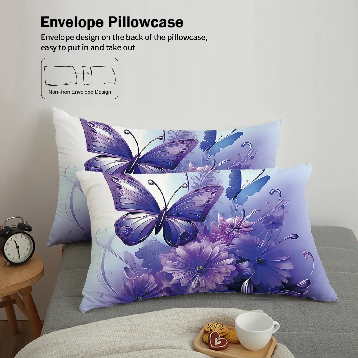 3pcs fashionable purple butterfly printed bedding set, soft and comfortable, for women bedroom, queen, king and twin bed