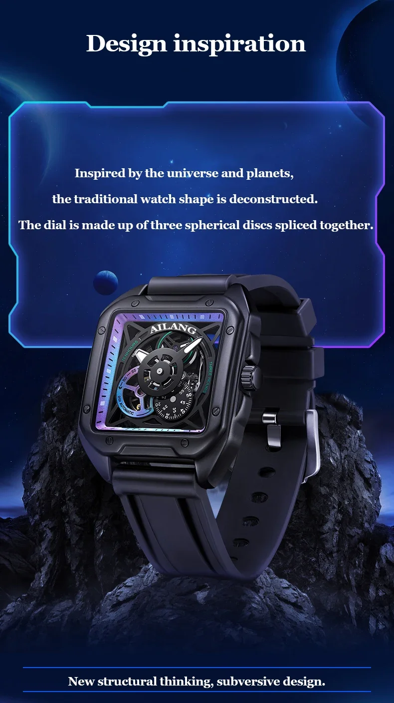 AILANG 2025 Herren Skelett Automatik-Mechanische Uhr Leuchtend Wasserdicht Quadratisches Großes Zifferblatt Modische Herrenuhr 41mm Zifferblatt – Detail 2