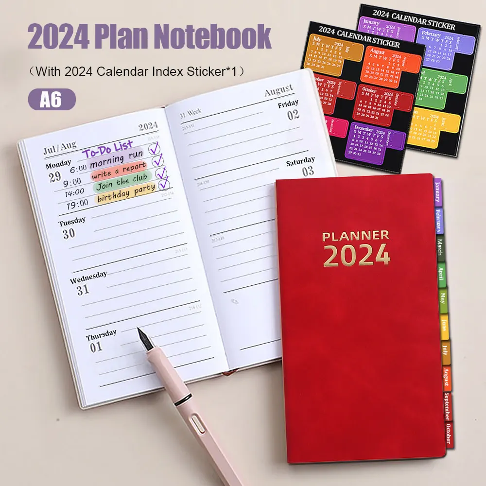 

2024 Planner Notebook A6 Agenda Notepad 365 Days English Inside Page with Calendar Index Sticker Daily Plan Office School Supply