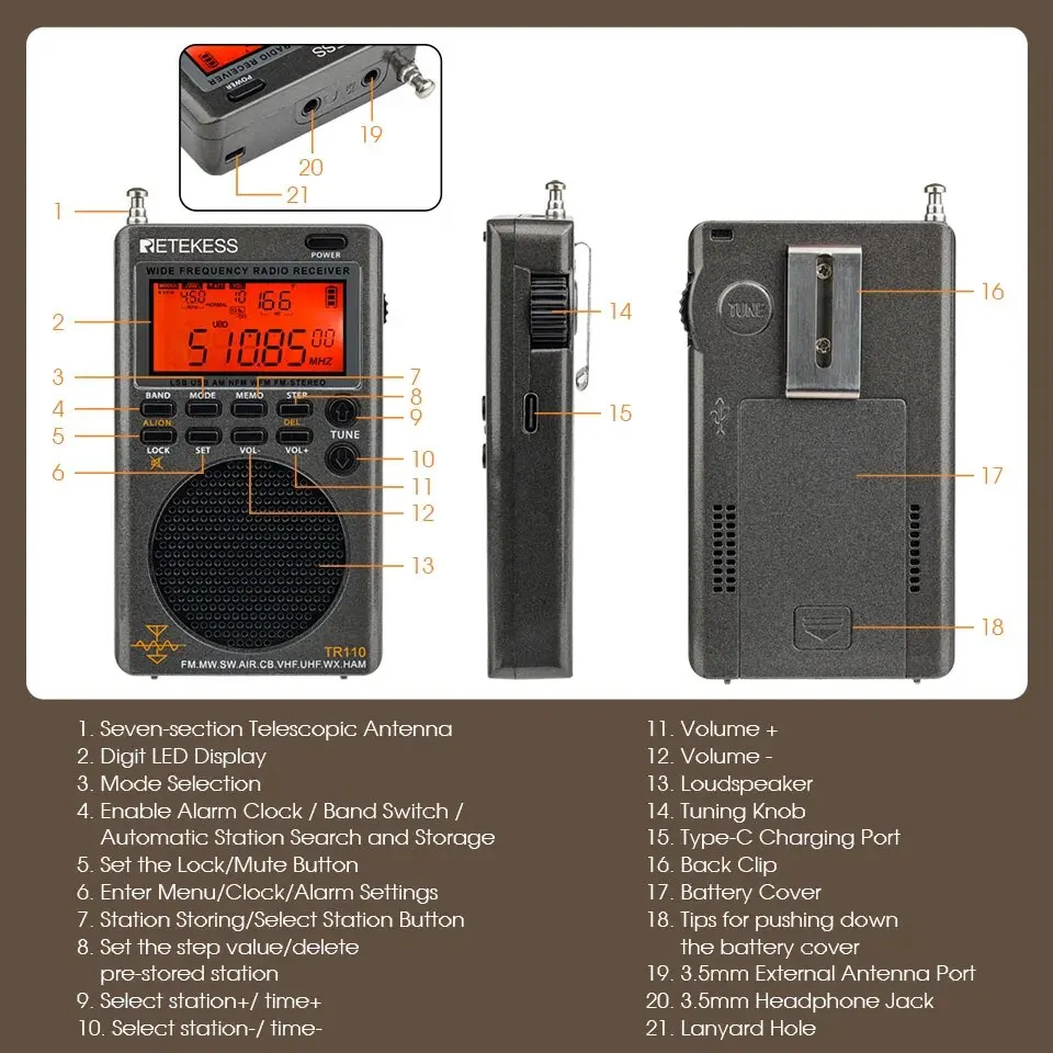 Retekess TR110 Portable SSB Shortwave Radio FM MW SW LSB AIR CB VHF UHF Full Band NOAA Alert Digital Radio Receiver for Outdoor