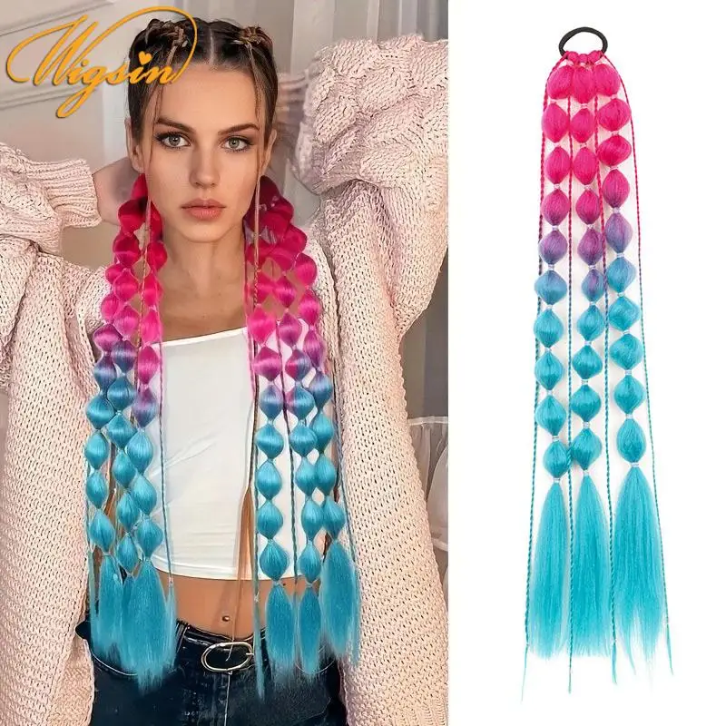 Synthetic 24Inch Omber Long Lantern Bubble Twist Braid Hair Extension Elastic Rubber Band synthetic ponytail For Women