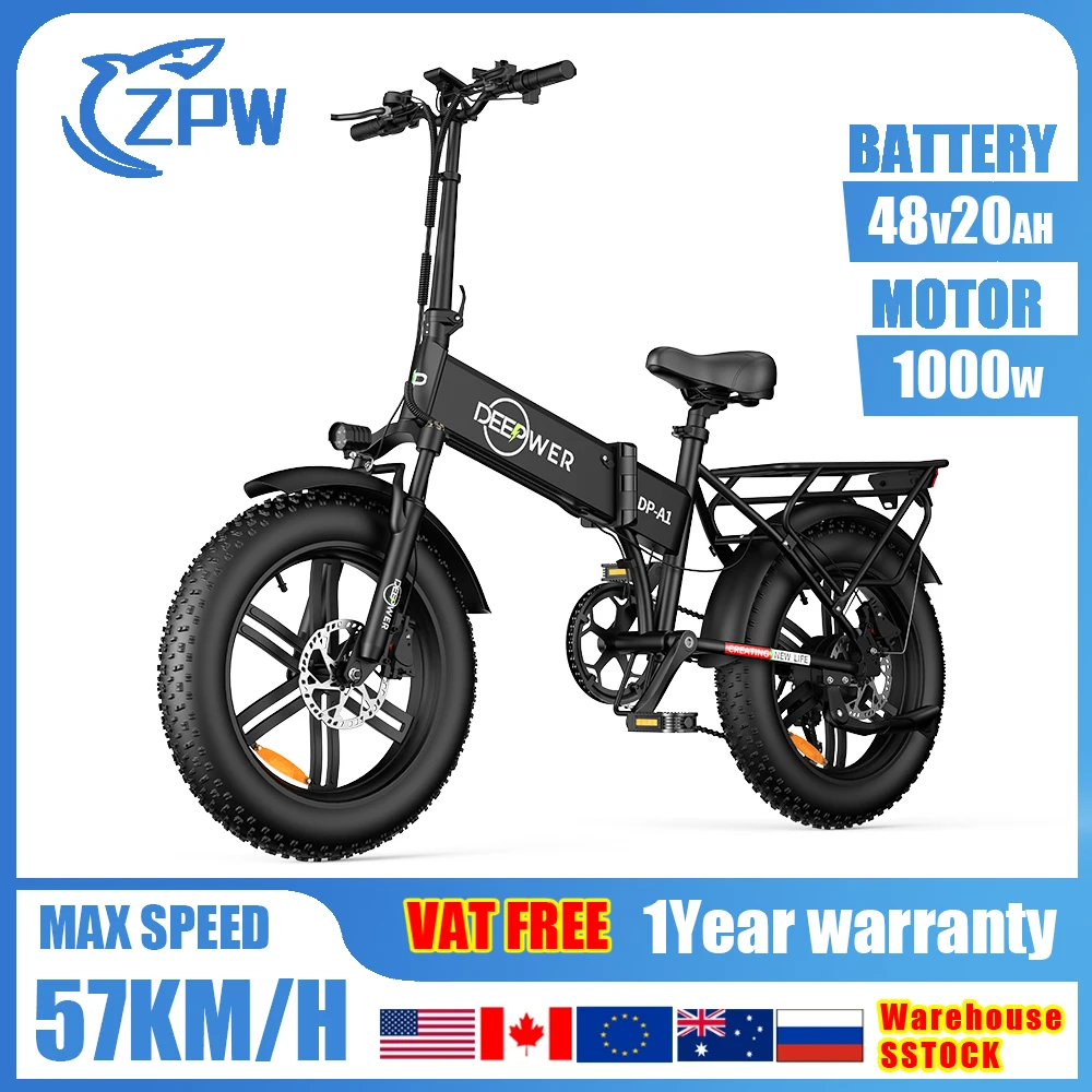 

ZPW A1 Ebike 1000W Adult Mountain Electric Bike 48V20AH Hydraulic oil brake electric bicycle 20inch Fat Tyre Foldable E-bikes