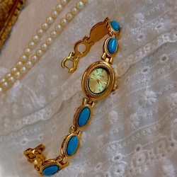 Elegant Women's Oval Quartz Watch with Turquoise Stone Strap and Retro Dial, 30m Waterproof (Gold)