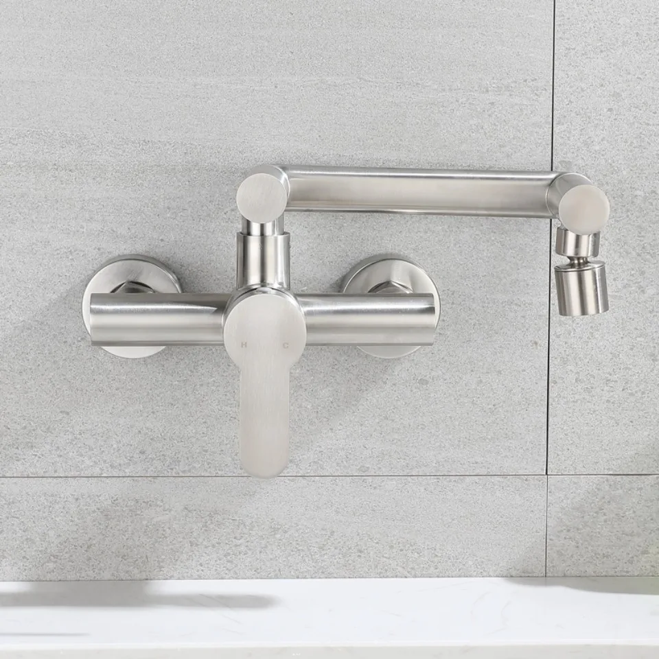 Description Picture 3 of itemStainless Steel Foldable Basin Faucet Wall Mounted Bathroom Kitchen Sink Washbasins Cold Hot Water Mixer Tap 360 Degree Swivel