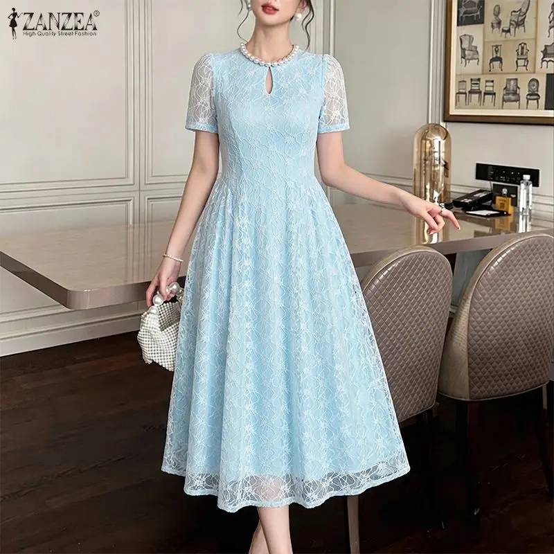 Women Elegant Lace Patchwork Party Dress ZANZEA 2026 Summer Sundress Stylish Short Sleeve Hollow Out Embroidered Work Dresses 4