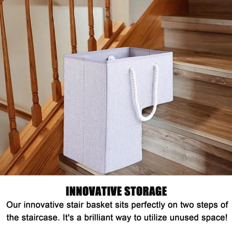 

Stair Basket L-Shaped Collapsable Oxford Stair Organizer Basket Large Capacity Staircase Storage Basket with Internal Support