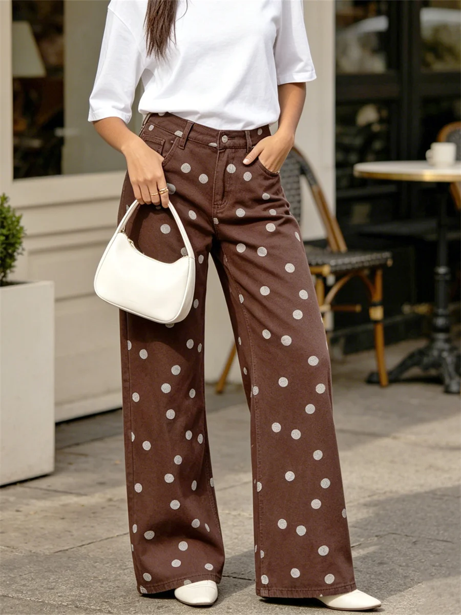 Jean ample pour femme à pois imprimés, pantalon en denim à jambe large, taille haute, style rétro, pour le travail, le bureau, le quotidien et le streetwear