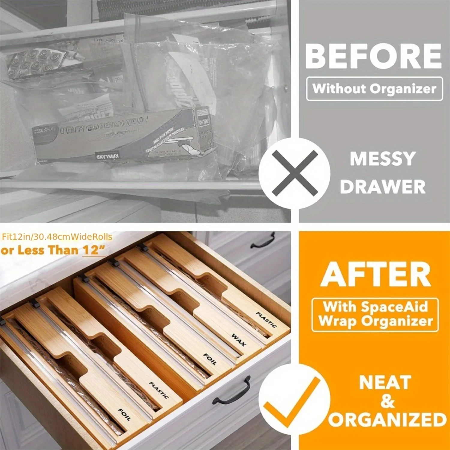 3 in 1 Wrap Organizer with Cutter and Labels, Plastic Wrap, Aluminum Foil and Wax Bamboo Dispenser for Organization Holder for