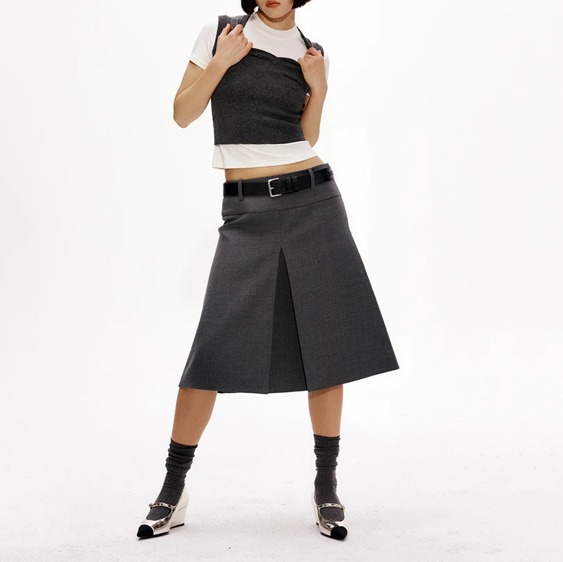 

Grey multi-wear mid-waist pleated skirt niche design temperament elegant wool material y2k suit Women's skirt 2023 summer new